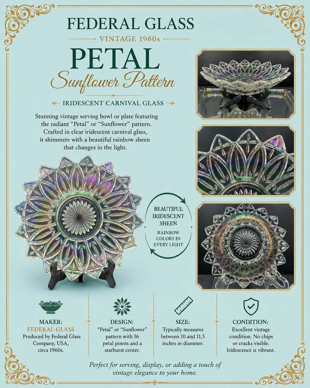 Vintage 1960s Federal Glass Petal Sunflower Pattern Iridescent Carnival Glass Se